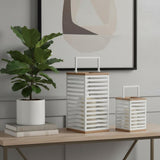 Set of Two White Abstract Metal Tabletop Pillar Candle Holders