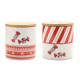 Set of Four Red And White Striped Ceramic And Wood Christmas Lidded Canisters