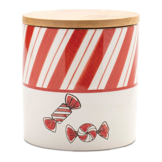Set of Four Red And White Striped Ceramic And Wood Christmas Lidded Canisters