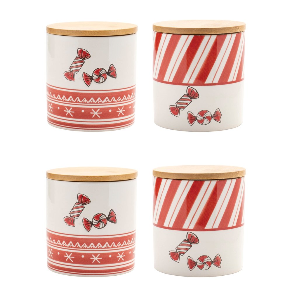 Set of Four Red And White Striped Ceramic And Wood Christmas Lidded Canisters