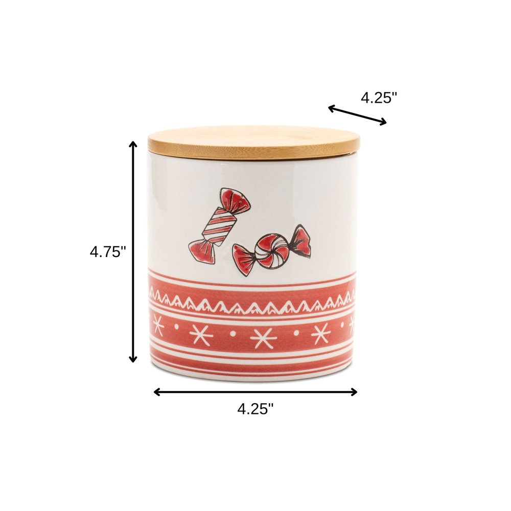 Set of Four Red And White Striped Ceramic And Wood Christmas Lidded Canisters