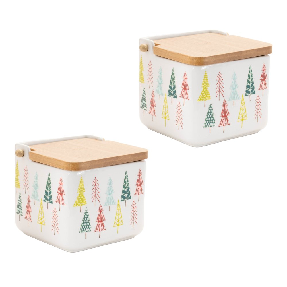 Set of Two White Green And Red Ceramic And Wood Christmas Lidded Canisters