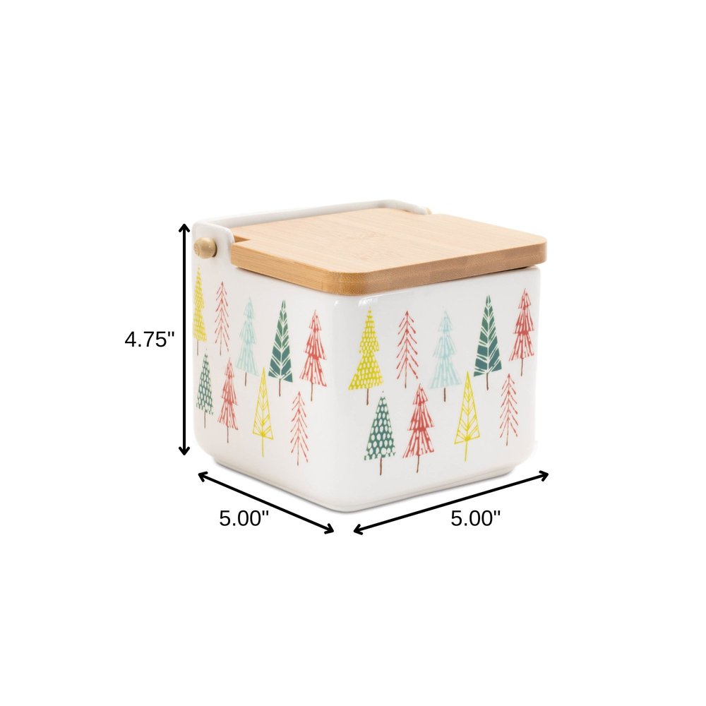 Set of Two White Green And Red Ceramic And Wood Christmas Lidded Canisters