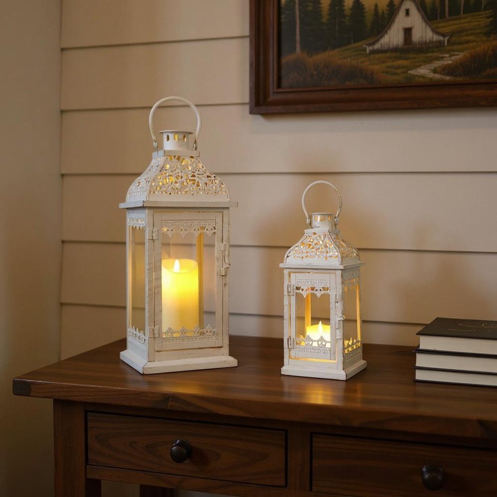 Set of Two Cream Distressed Filigree Metal Tabletop Lantern Candle Holders