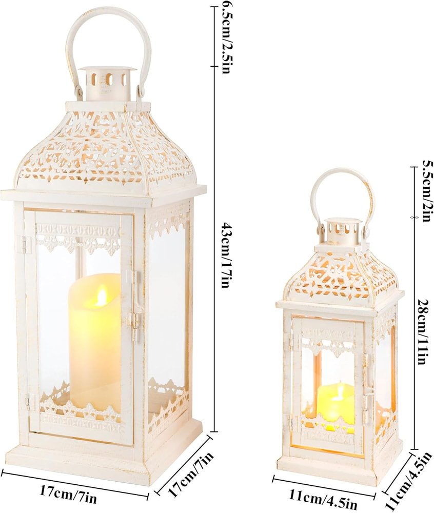 Set of Two Cream Distressed Filigree Metal Tabletop Lantern Candle Holders