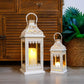 Set of Two Cream Distressed Filigree Metal Tabletop Lantern Candle Holders