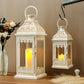 Set of Two Cream Distressed Filigree Metal Tabletop Lantern Candle Holders