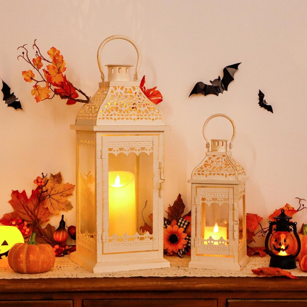 Set of Two Cream Distressed Filigree Metal Tabletop Lantern Candle Holders