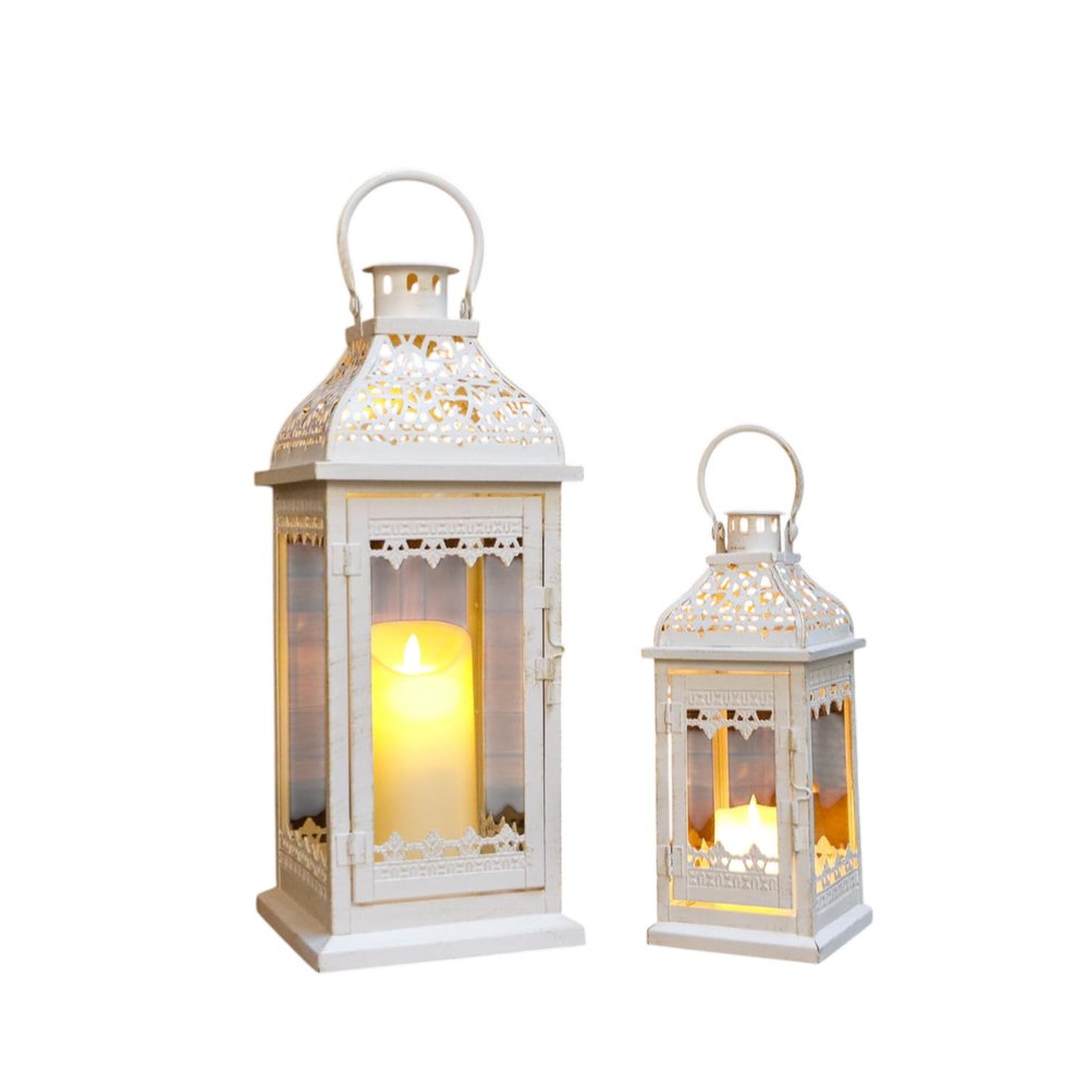 Set of Two Cream Distressed Filigree Metal Tabletop Lantern Candle Holders