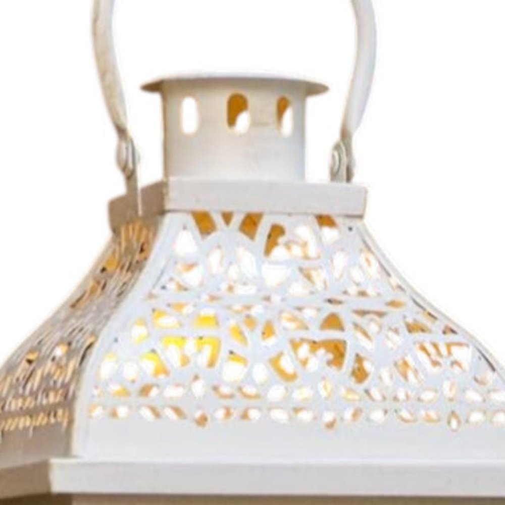 Set of Two Cream Distressed Filigree Metal Tabletop Lantern Candle Holders