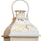 Set of Two Cream Distressed Filigree Metal Tabletop Lantern Candle Holders