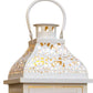 Set of Two Cream Distressed Filigree Metal Tabletop Lantern Candle Holders