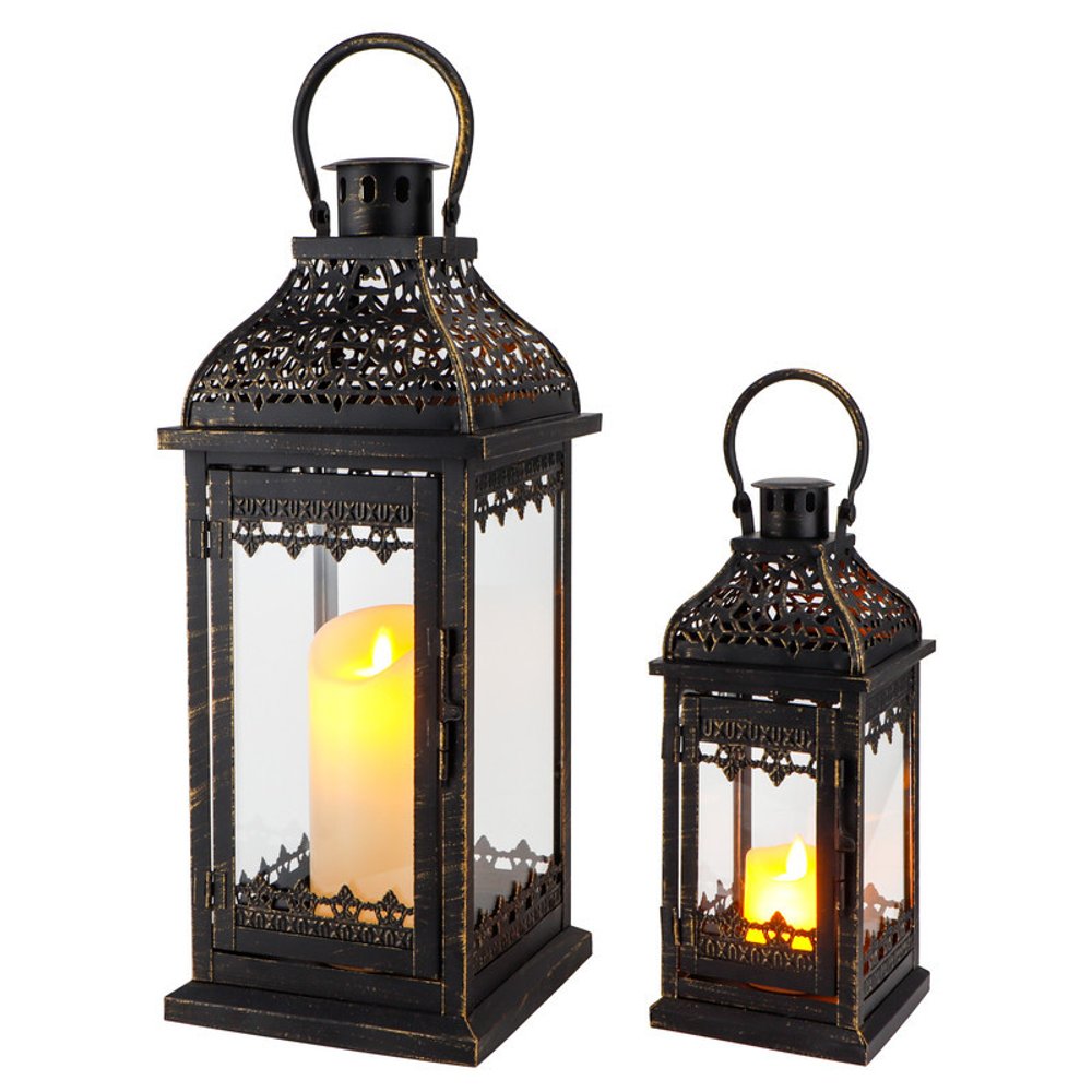 Set of Two Black Distressed Filigree Metal Tabletop Lantern Candle Holders