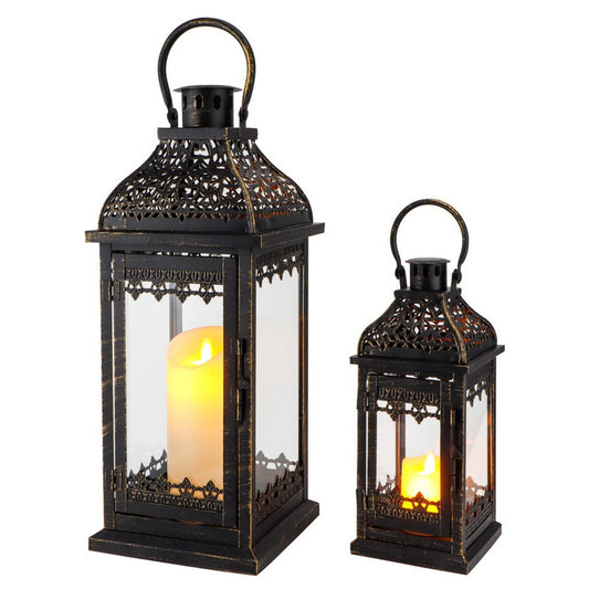 Set of Two Black Distressed Filigree Metal Tabletop Lantern Candle Holders