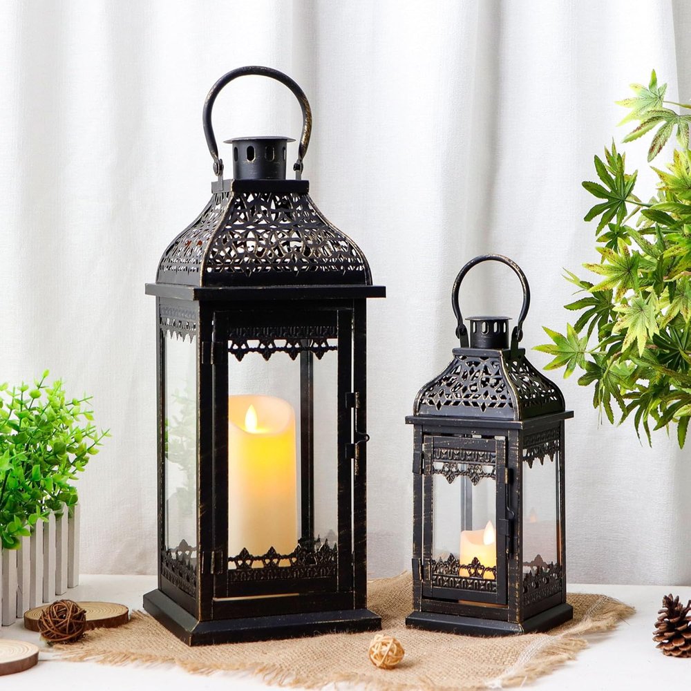 Set of Two Black Distressed Filigree Metal Tabletop Lantern Candle Holders