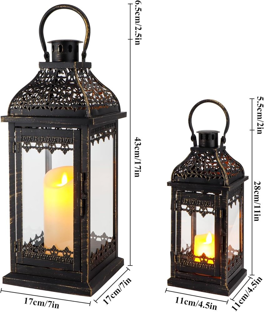 Set of Two Black Distressed Filigree Metal Tabletop Lantern Candle Holders