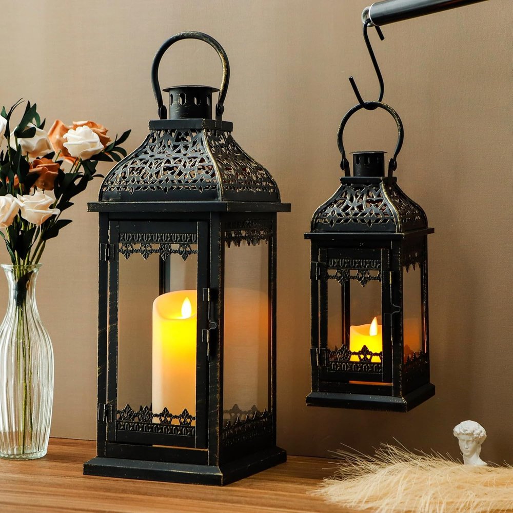 Set of Two Black Distressed Filigree Metal Tabletop Lantern Candle Holders