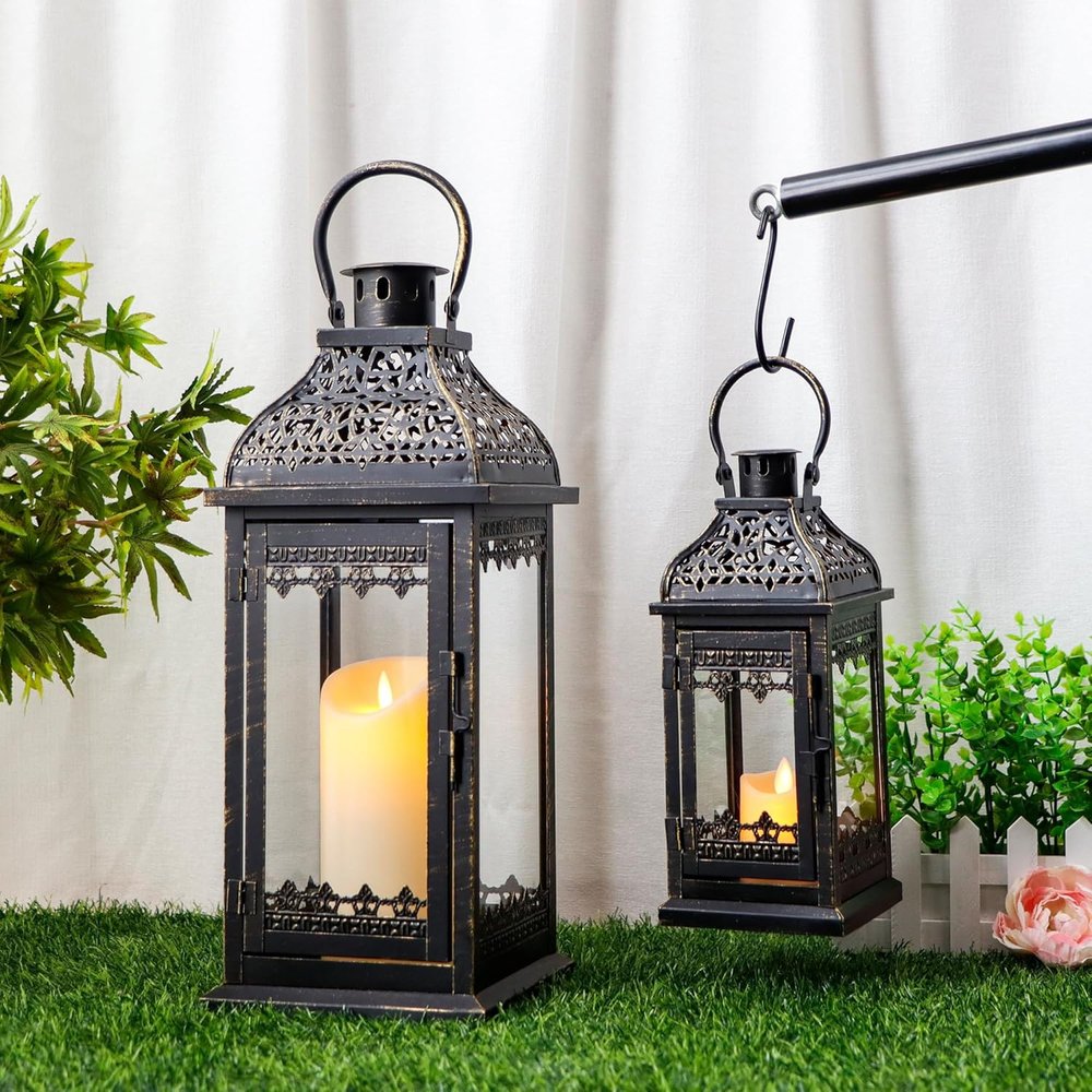 Set of Two Black Distressed Filigree Metal Tabletop Lantern Candle Holders