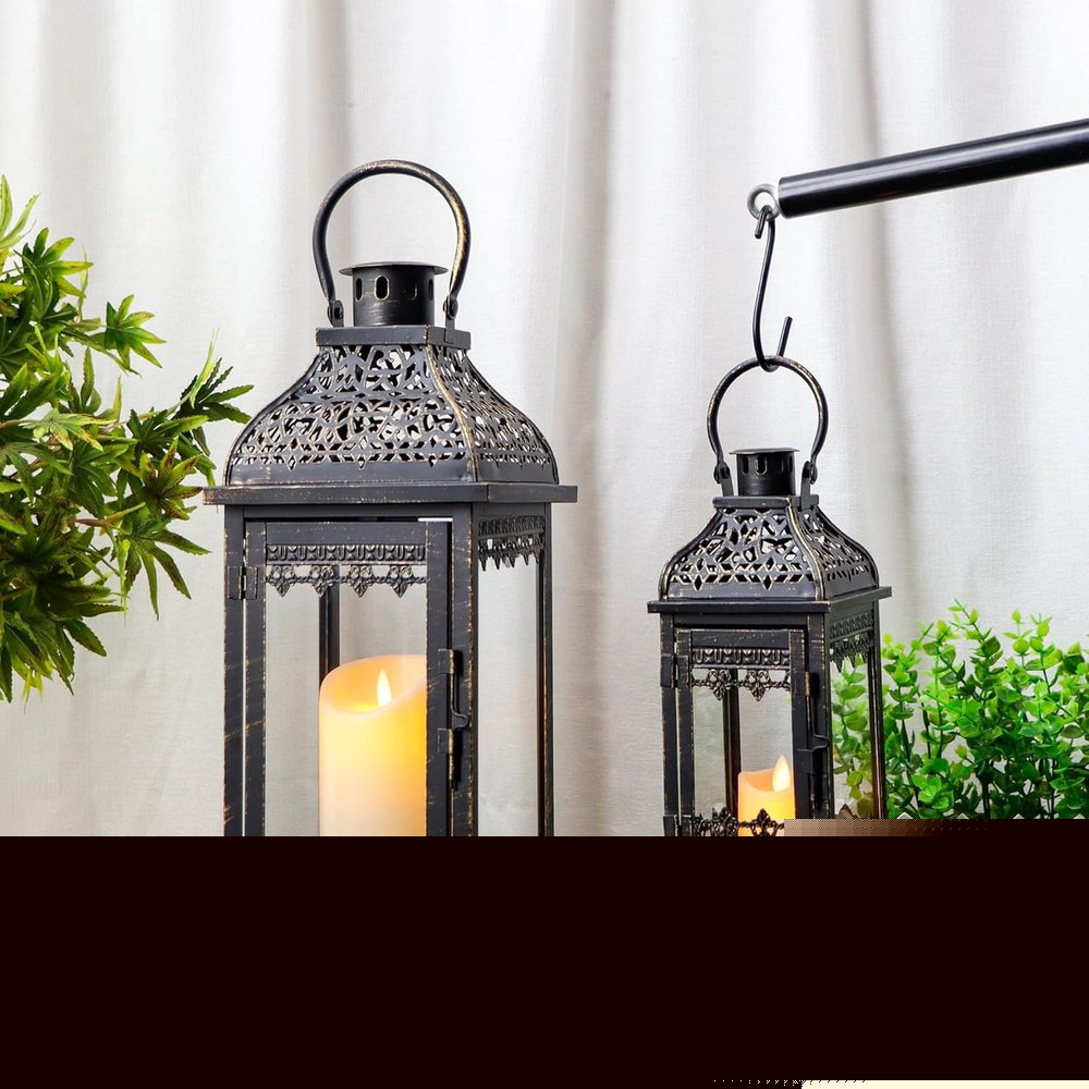 Set of Two Black Distressed Filigree Metal Tabletop Lantern Candle Holders