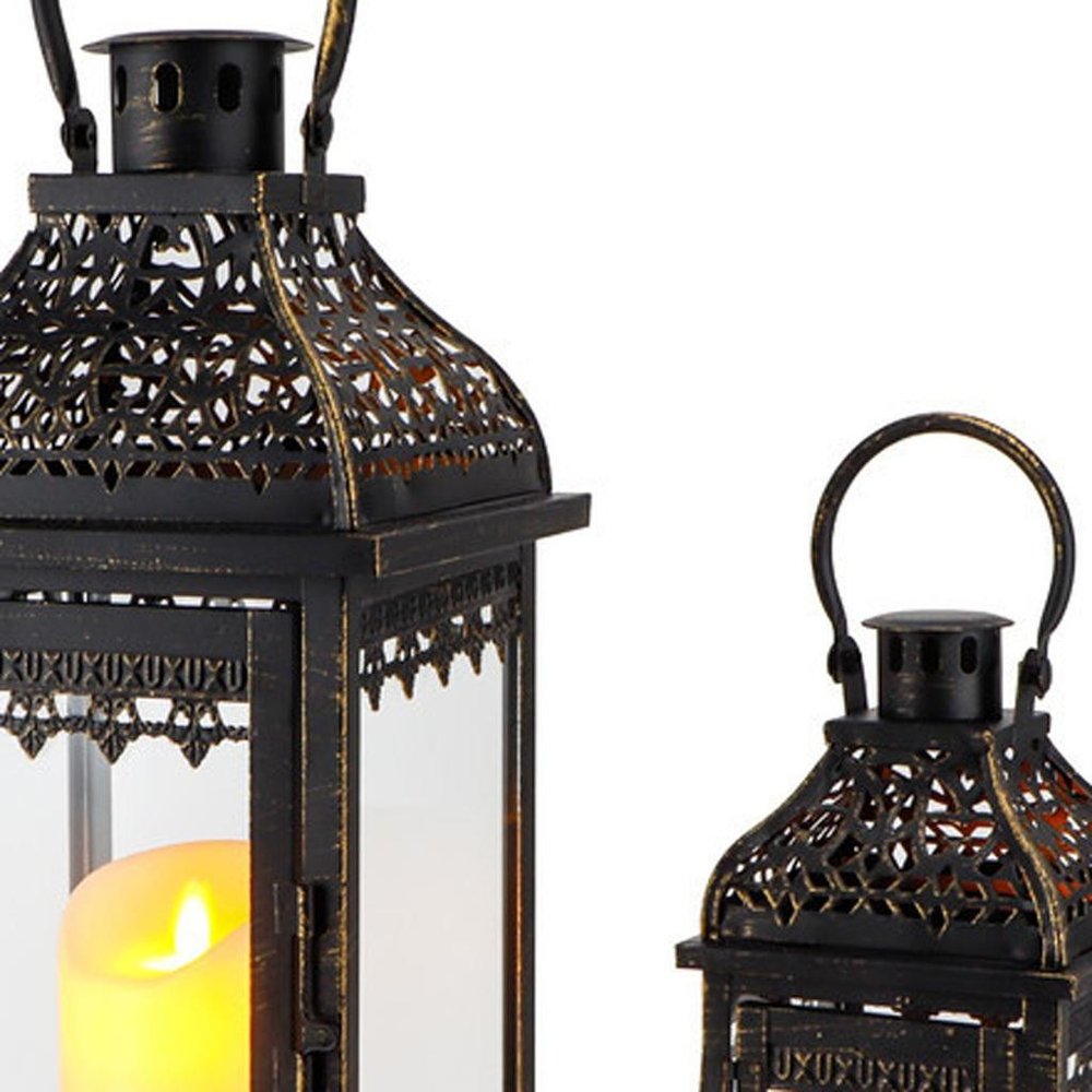 Set of Two Black Distressed Filigree Metal Tabletop Lantern Candle Holders