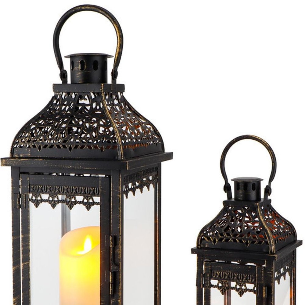 Set of Two Black Distressed Filigree Metal Tabletop Lantern Candle Holders