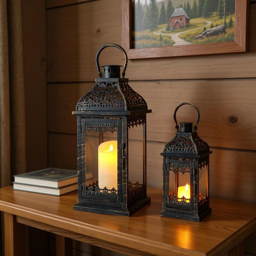 Set of Two Black Distressed Filigree Metal Tabletop Lantern Candle Holders