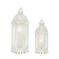 Set of Two White Distressed Ornate Metal Tabletop Lantern Candle Holders