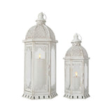 Set of Two White Distressed Ornate Metal Tabletop Lantern Candle Holders
