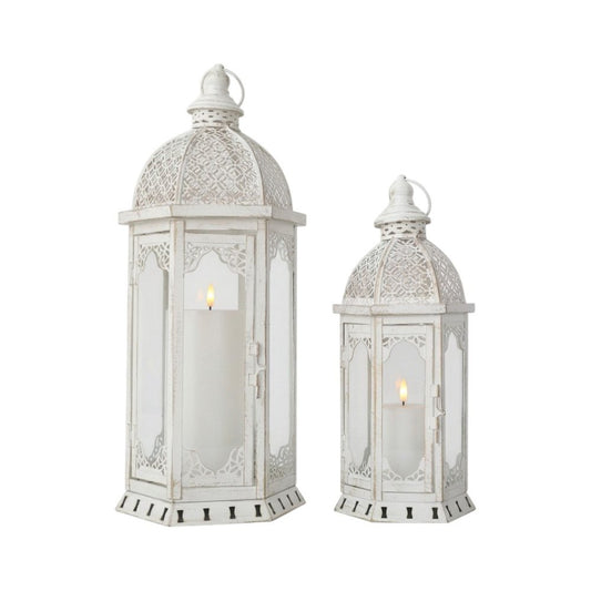 Set of Two White Distressed Ornate Metal Tabletop Lantern Candle Holders
