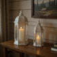 Set of Two White Distressed Ornate Metal Tabletop Lantern Candle Holders