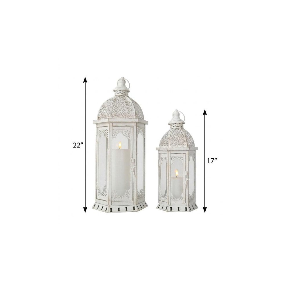 Set of Two White Distressed Ornate Metal Tabletop Lantern Candle Holders