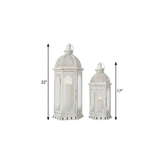 Set of Two White Distressed Ornate Metal Tabletop Lantern Candle Holders