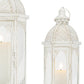 Set of Two White Distressed Ornate Metal Tabletop Lantern Candle Holders