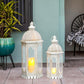 Set of Two White Distressed Ornate Metal Tabletop Lantern Candle Holders