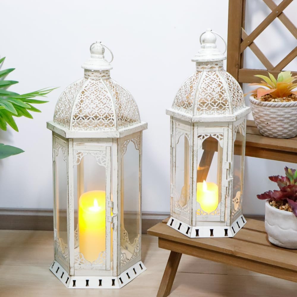 Set of Two White Distressed Ornate Metal Tabletop Lantern Candle Holders