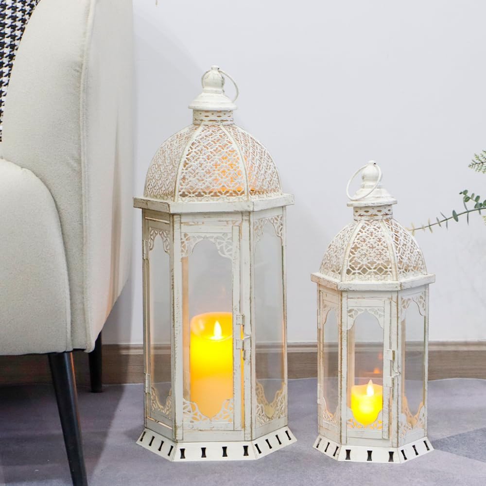 Set of Two White Distressed Ornate Metal Tabletop Lantern Candle Holders