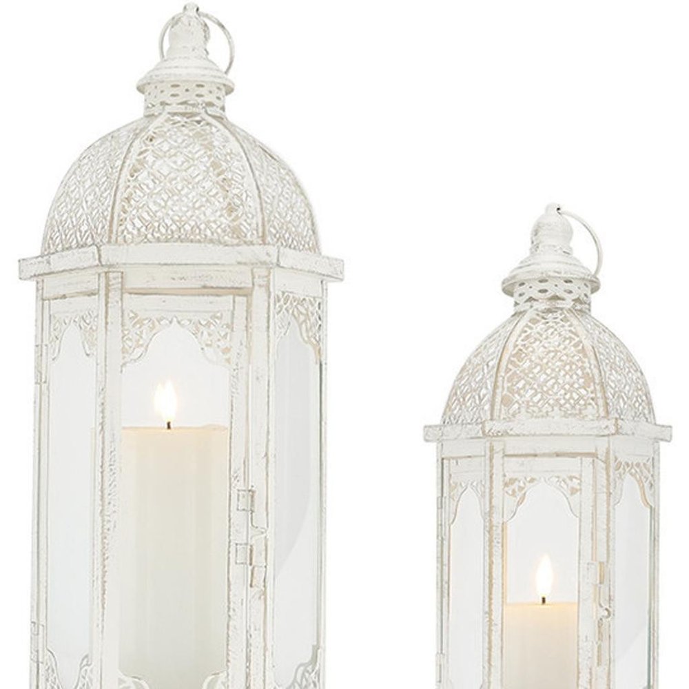 Set of Two White Distressed Ornate Metal Tabletop Lantern Candle Holders