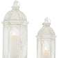 Set of Two White Distressed Ornate Metal Tabletop Lantern Candle Holders