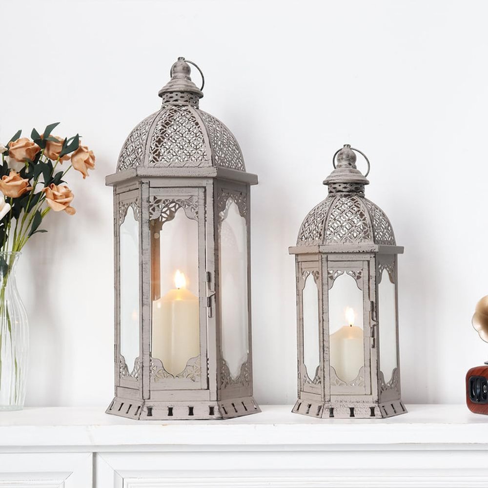 Set of Two Light Gray Distressed Ornate Metal Tabletop Lantern Candle Holders