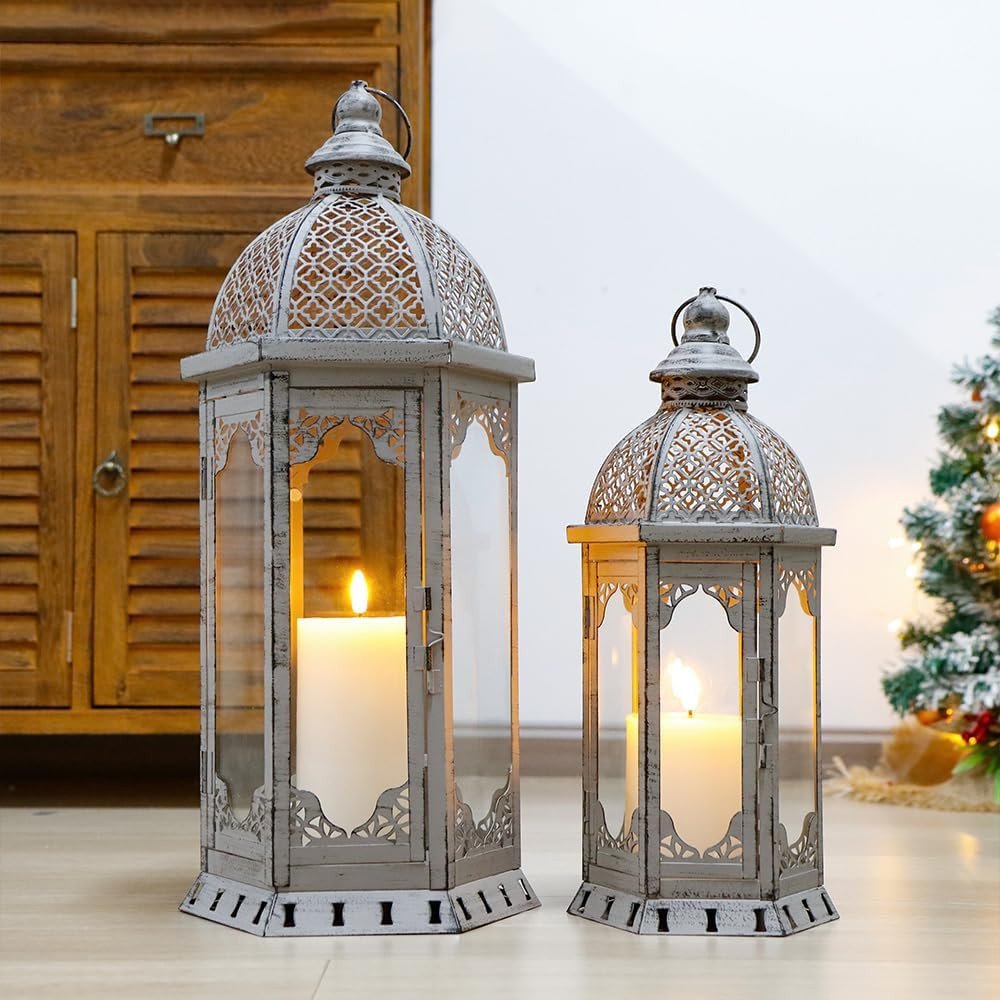 Set of Two Light Gray Distressed Ornate Metal Tabletop Lantern Candle Holders