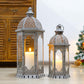 Set of Two Light Gray Distressed Ornate Metal Tabletop Lantern Candle Holders