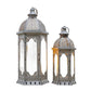 Set of Two Light Gray Distressed Ornate Metal Tabletop Lantern Candle Holders