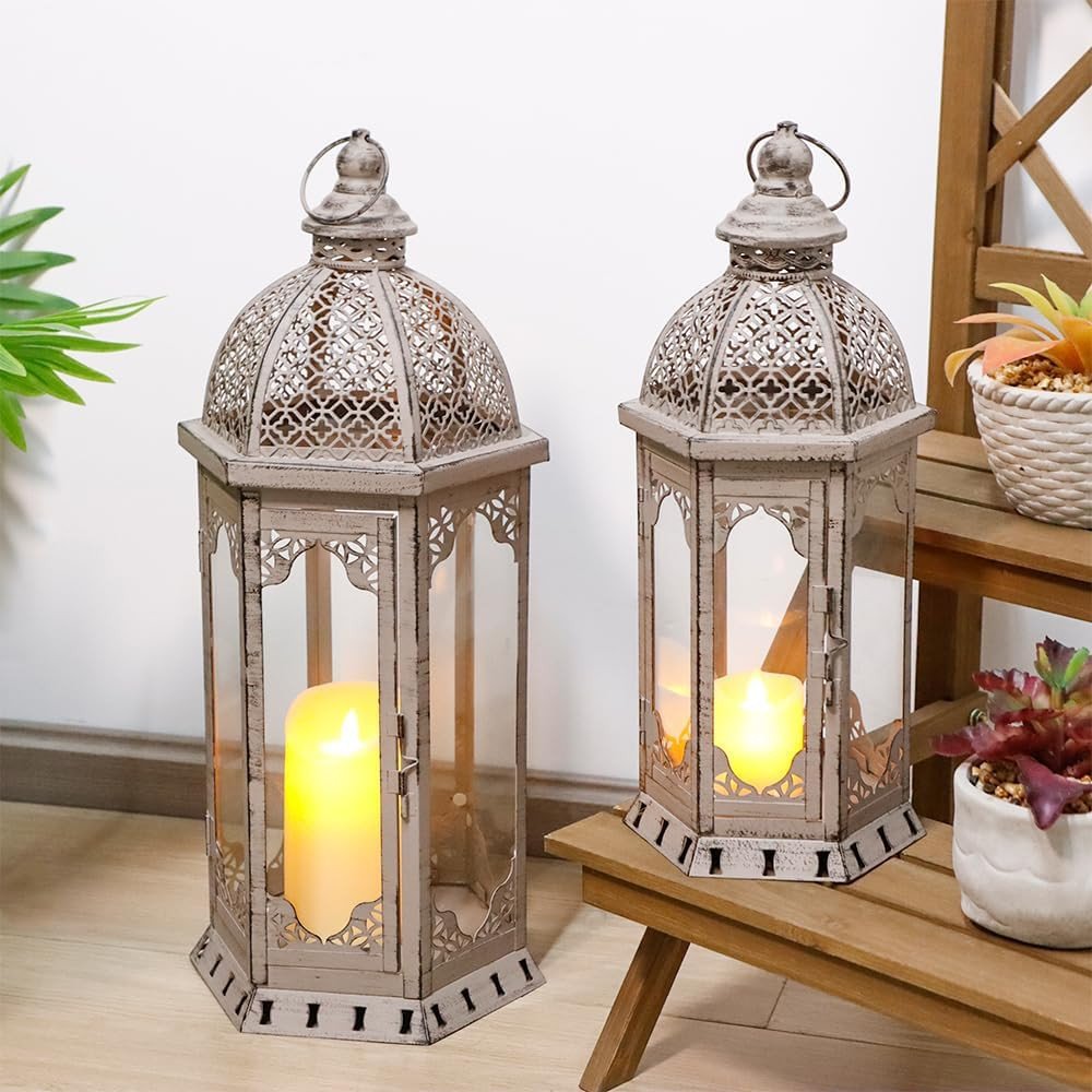 Set of Two Light Gray Distressed Ornate Metal Tabletop Lantern Candle Holders