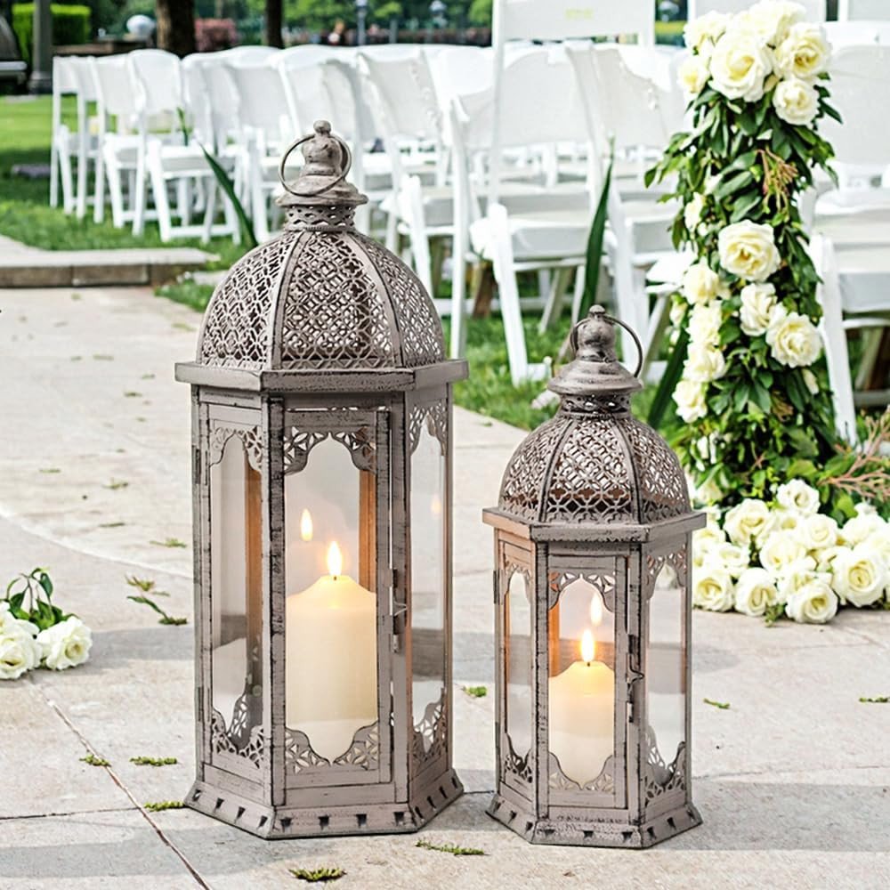 Set of Two Light Gray Distressed Ornate Metal Tabletop Lantern Candle Holders