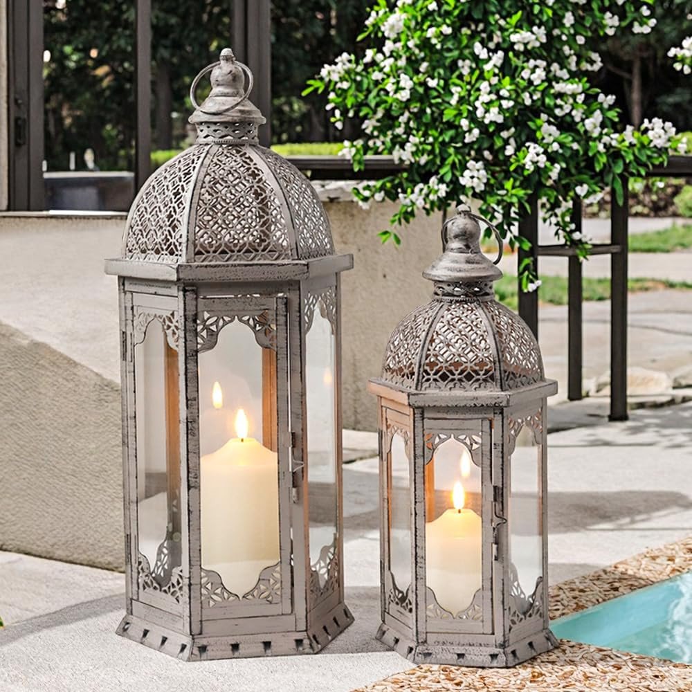 Set of Two Light Gray Distressed Ornate Metal Tabletop Lantern Candle Holders