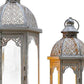 Set of Two Light Gray Distressed Ornate Metal Tabletop Lantern Candle Holders
