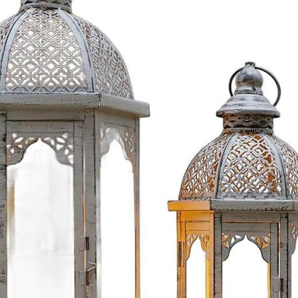 Set of Two Light Gray Distressed Ornate Metal Tabletop Lantern Candle Holders