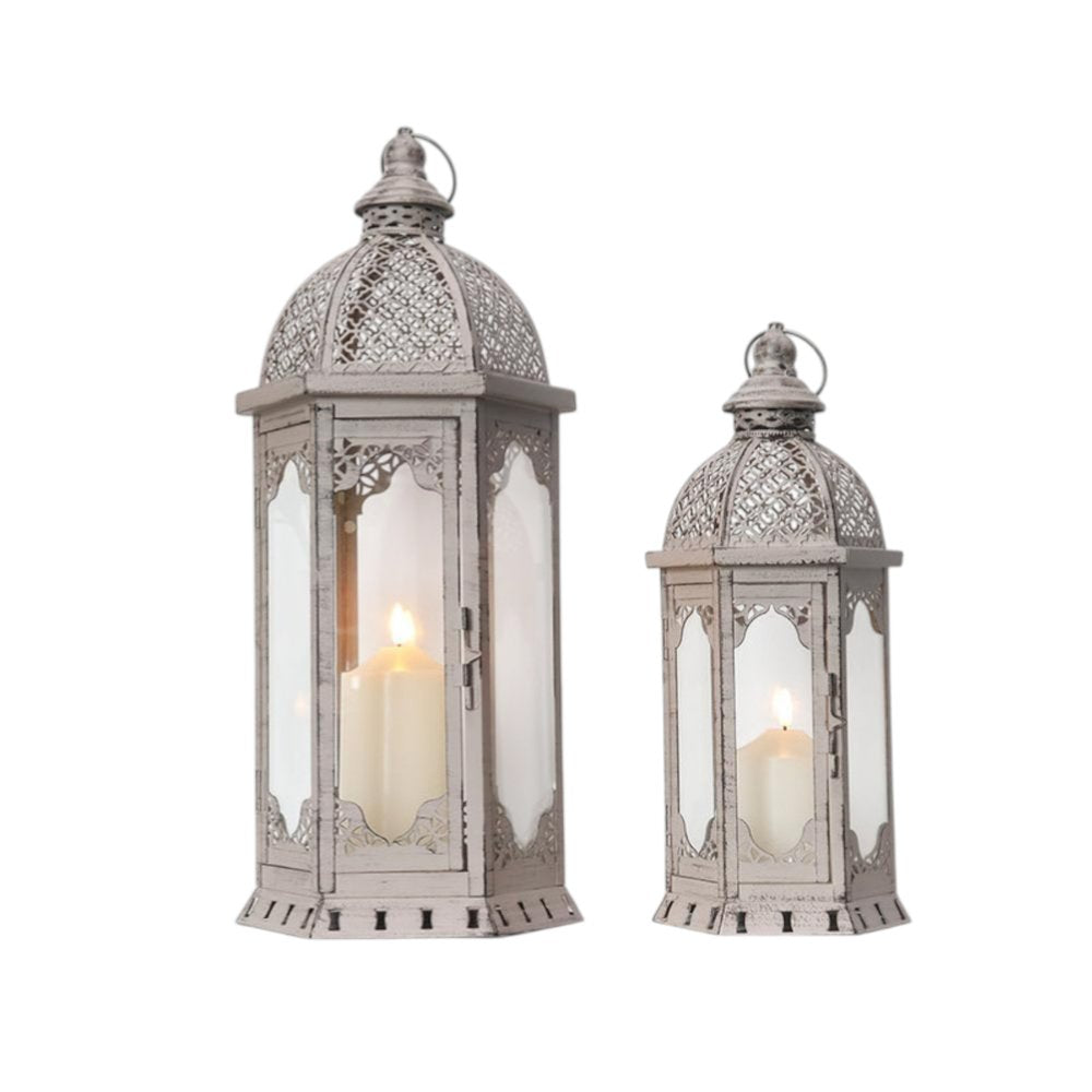 Set of Two Light Gray Distressed Ornate Metal Tabletop Lantern Candle Holders