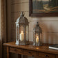 Set of Two Light Gray Distressed Ornate Metal Tabletop Lantern Candle Holders