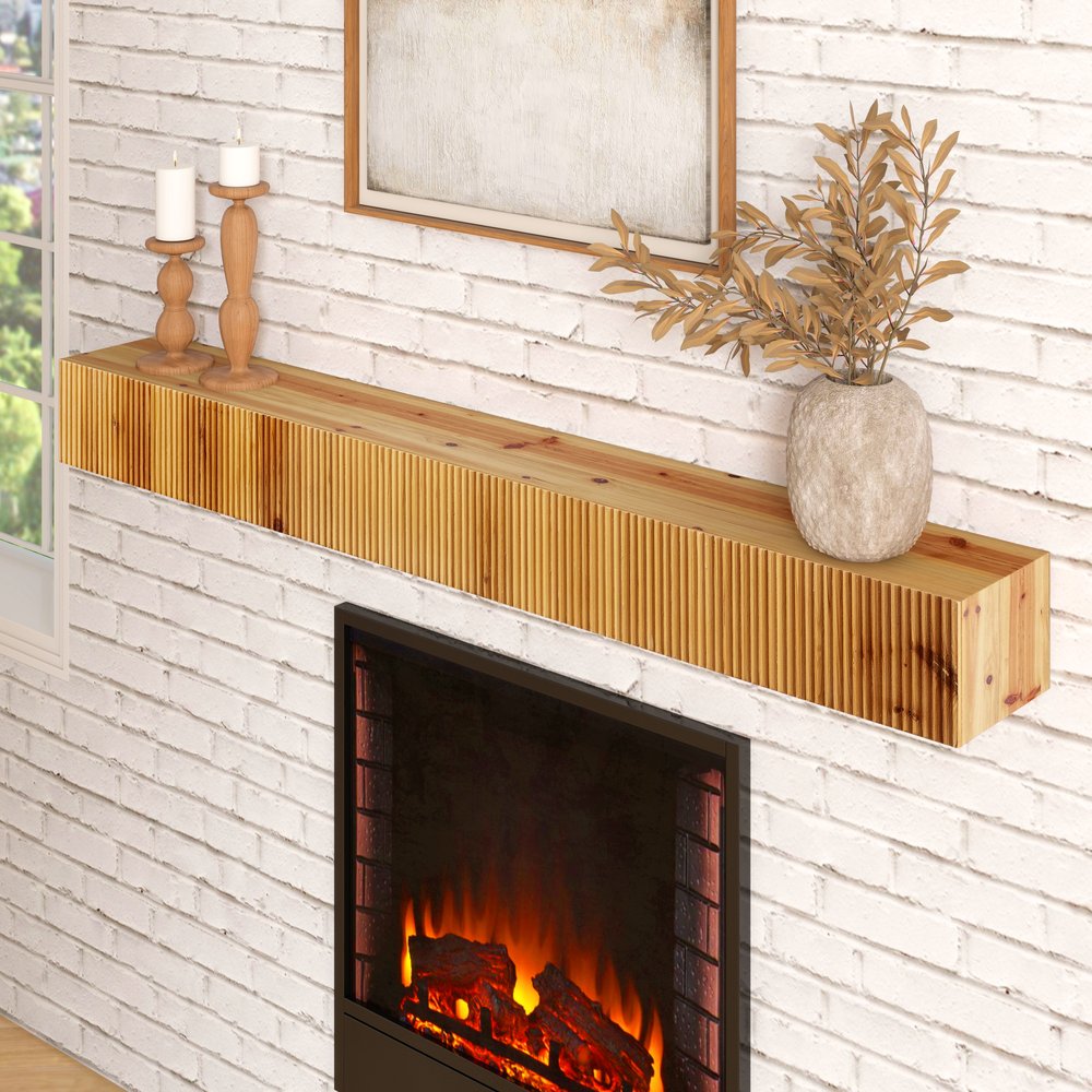 59" Natural Ribbed Texture Solid Wood Wall Mounted Mantel Floating Shelf